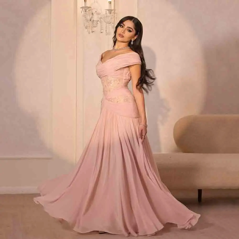 Galarity Pink Arabic Evening Dresses Off Shoulder Pleated Engagement Gown Lace Formal Party Dress Long Prom Dress Customizd