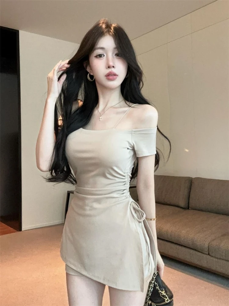 Korean style spicy girl style drawstring waist off shoulder hip bag dress with chest cushion and leggings two-piece set