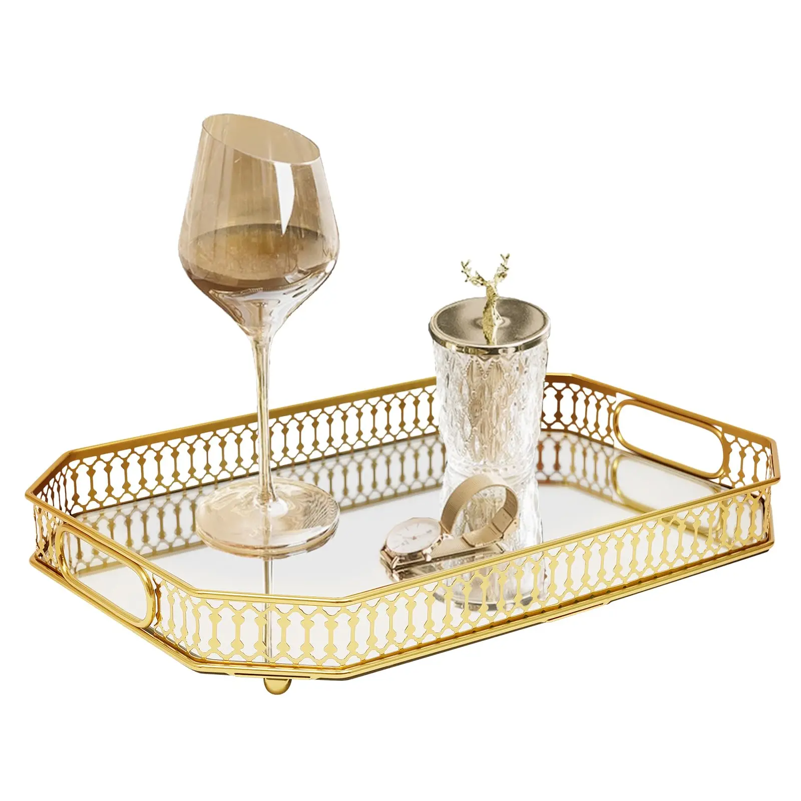 

Gold Mirrored Perfume Tray, Glass Vintage Metal Octagon Mirror Surface Decorative Perfume and Makeup Organizer with Handles for