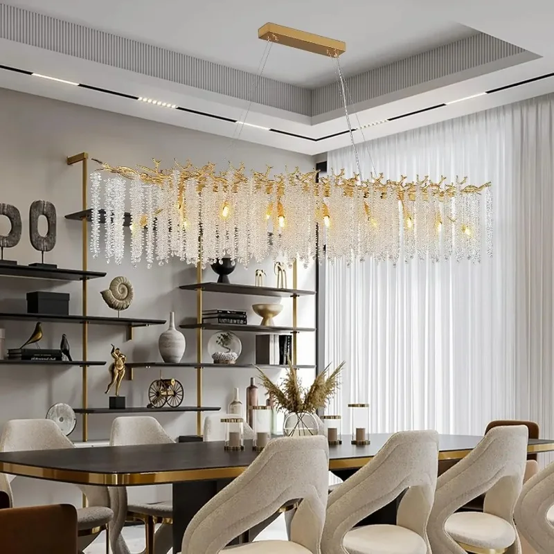 

Long Crystal Ceiling Chandelier LED for Personality Kitchen Table Living Room Restaurant Cafe Bedroom Gold Branch Hanging Lights