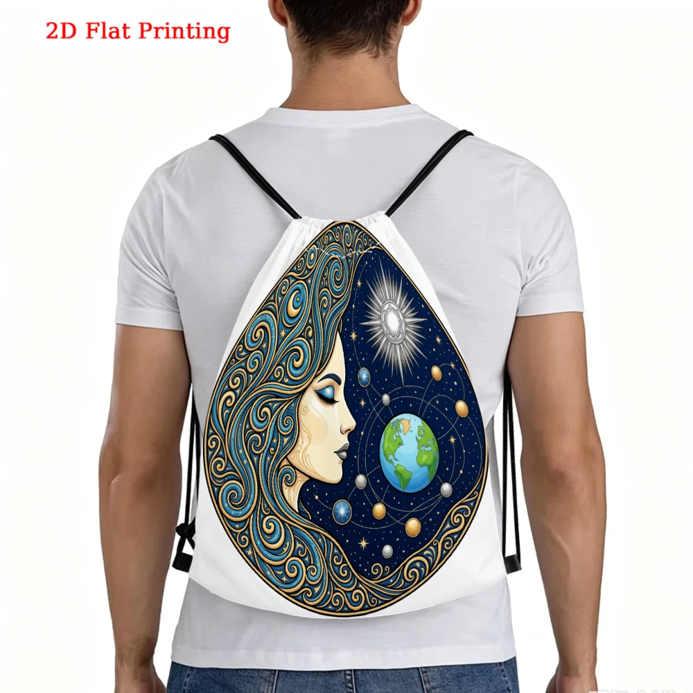2D Flat Print Celestial Moon And Earth Drawstring Backpack for Fitness Sports Outdoor Travel