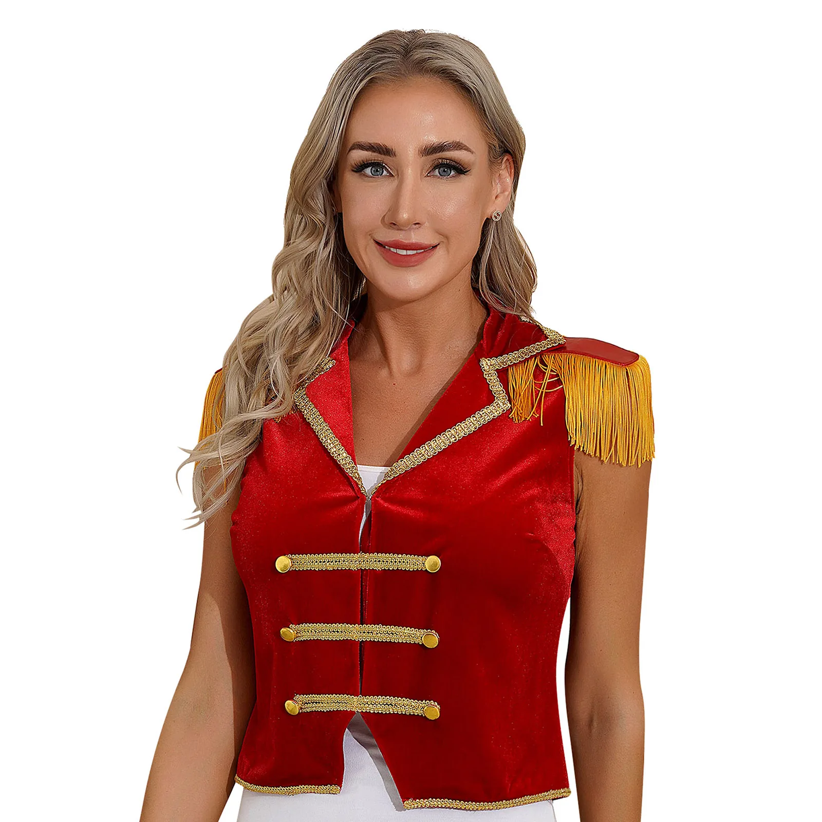 Womens Circus Ringmaster Vest Tops Velvet Sleeveless Lapel Tassels Waistcoat Carnival Halloween Party Masquerade Cosplay Costume