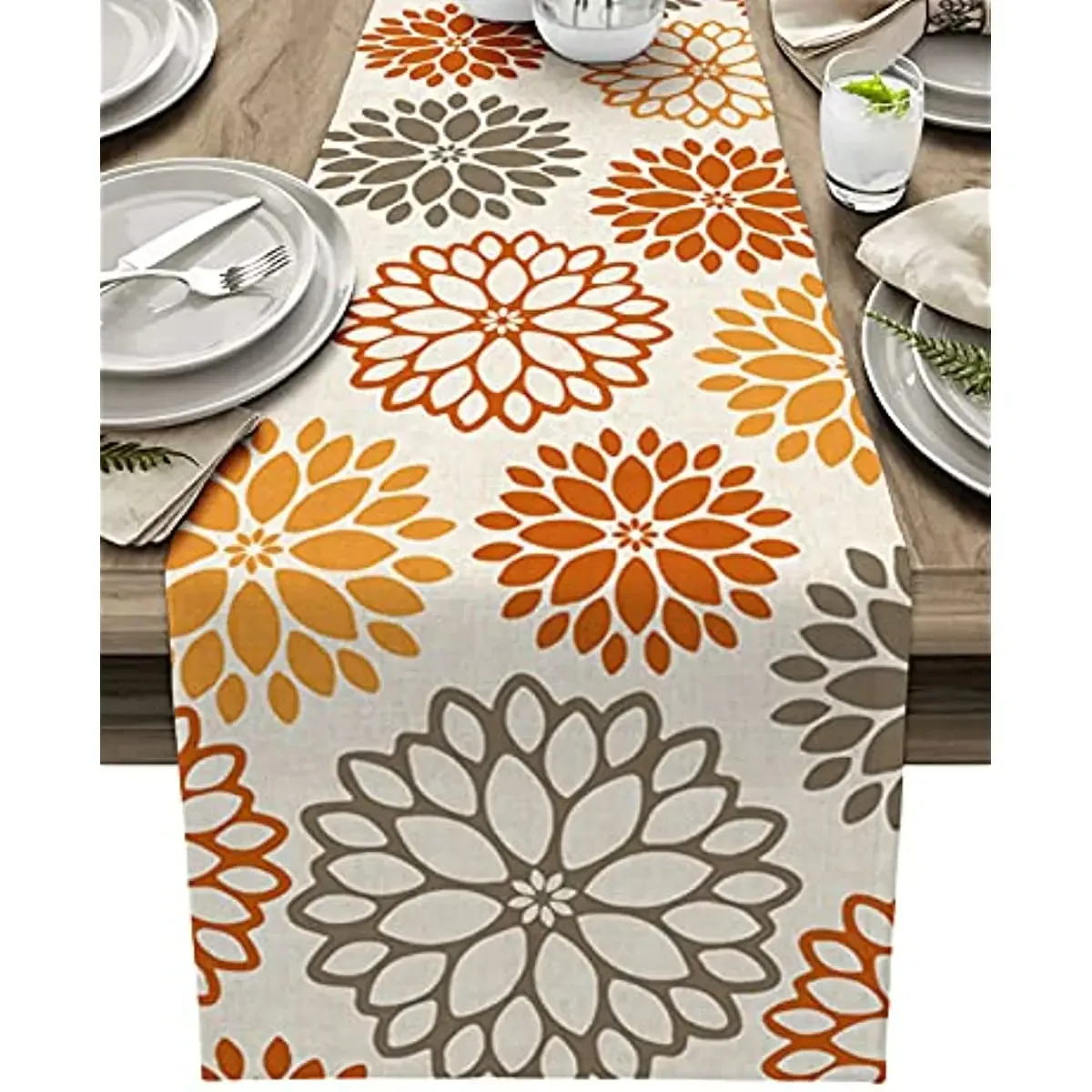 Fall Khaki Orange Dahila Linen Table Runners Colorful Flowers Dresser Scarf Table Decor Holiday Wedding Party Dining Table Decor