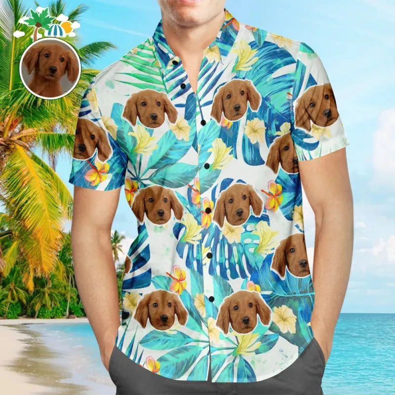 

Personalized Pet Face Print Aloha Shirt Custom Pet Dog Photo With Watermelon Slice And Flower Pattern Short Sleeve Beach Blouses