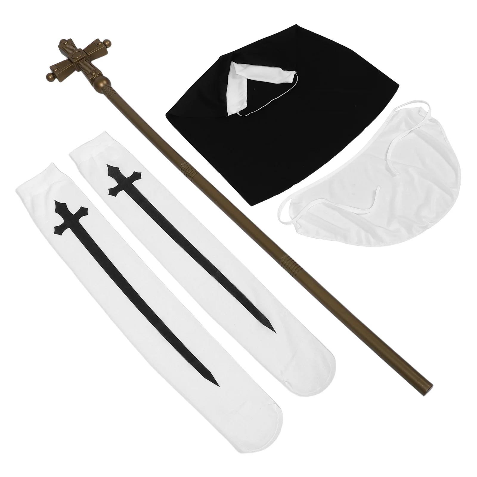 

1Set Halloween Nun Costume Set Women Cosplay Outfit Collar Hat Stockings Cross Wand Spooky Party Decoration Photo Props