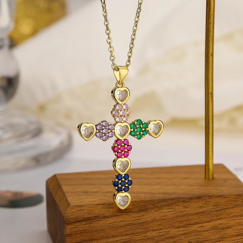 NEWBUY High Quality Gold Color Cross Pendant AAA CZ Zircon Pave Setting Christian Jewelry Stainless Steel Chain Necklace Female