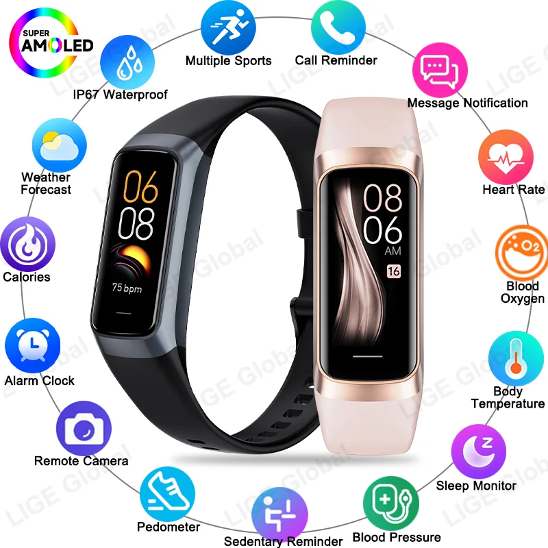 

LIGE 1.1” AMOLED New Smart Bracelet Heart Rate SpO2 Body Temperature Monitor Wristband Slim Smartwatch Men Women Fitness Tracker