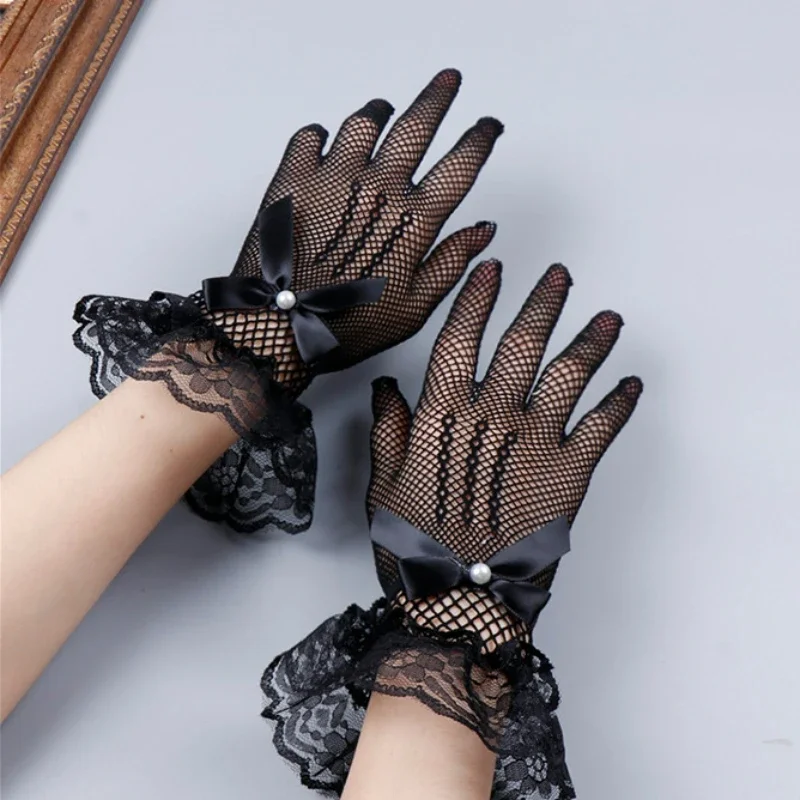 Girls Lolita Lace Hollow Out Gloves Women Ceremony Etiquette Mesh Thin Mittens Gothic Punk Sexy Glove Black White Soft Elastic