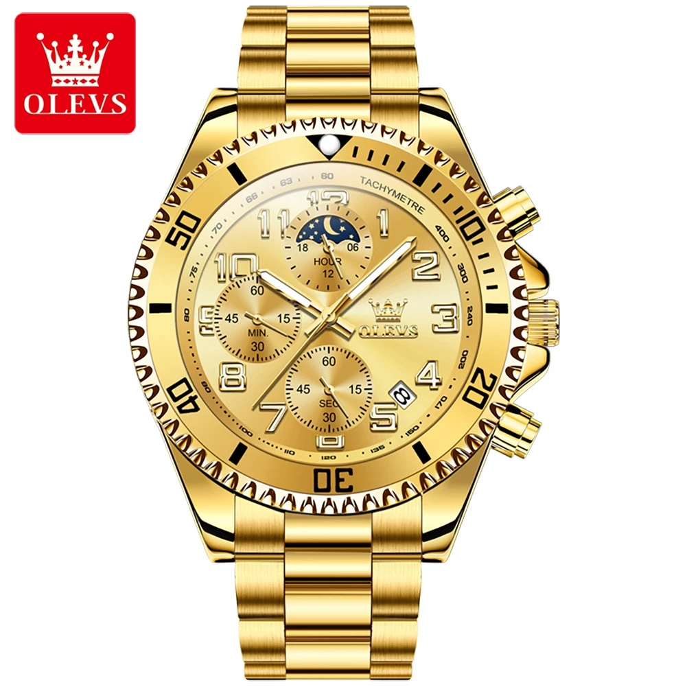

OLEVS брендовые модные кварцевые часы с фазой Луны, мужские водонепроницаемые светящиеся спортивные часы с хронографом из нержавеющей стали, Relogio Masculino