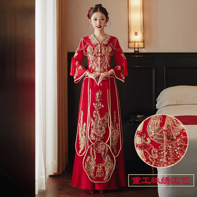 

Oversize 6XL Red Embroidery Bride Bridegroom Marriage Set Cheongsam Vintage Lovers Wedding Dress Costume Oriental Toast Clothing