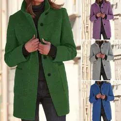 Trendy Women Overcoat Stand Collar Solid Color Buttons Pure Color Women Overcoat Lady Coat