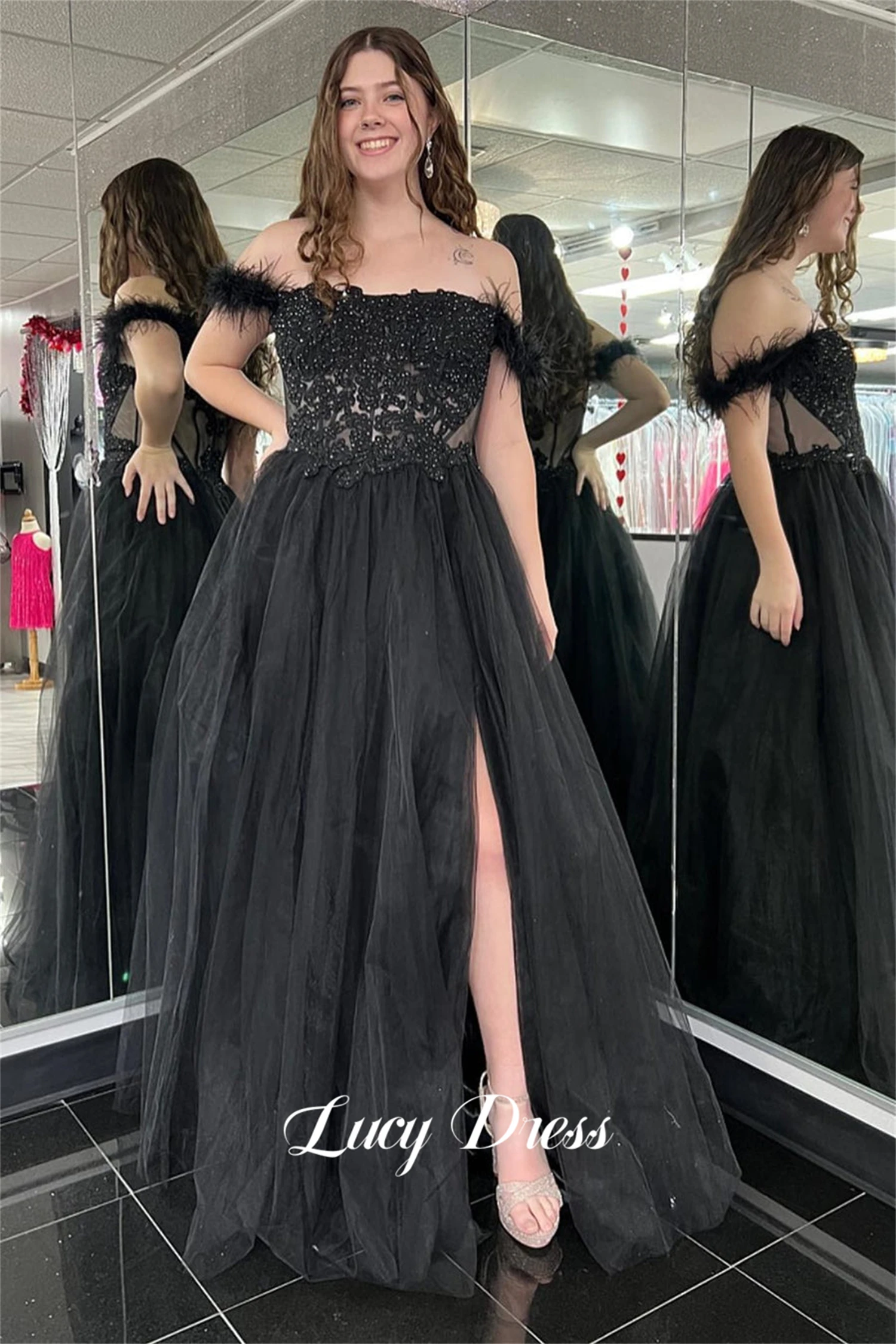 

Lucy Ball Gown Black Feather Party Dress Line A Applique Elegant Dresses Women 2024 Bride Luxury Pretty Women's Womens Formal