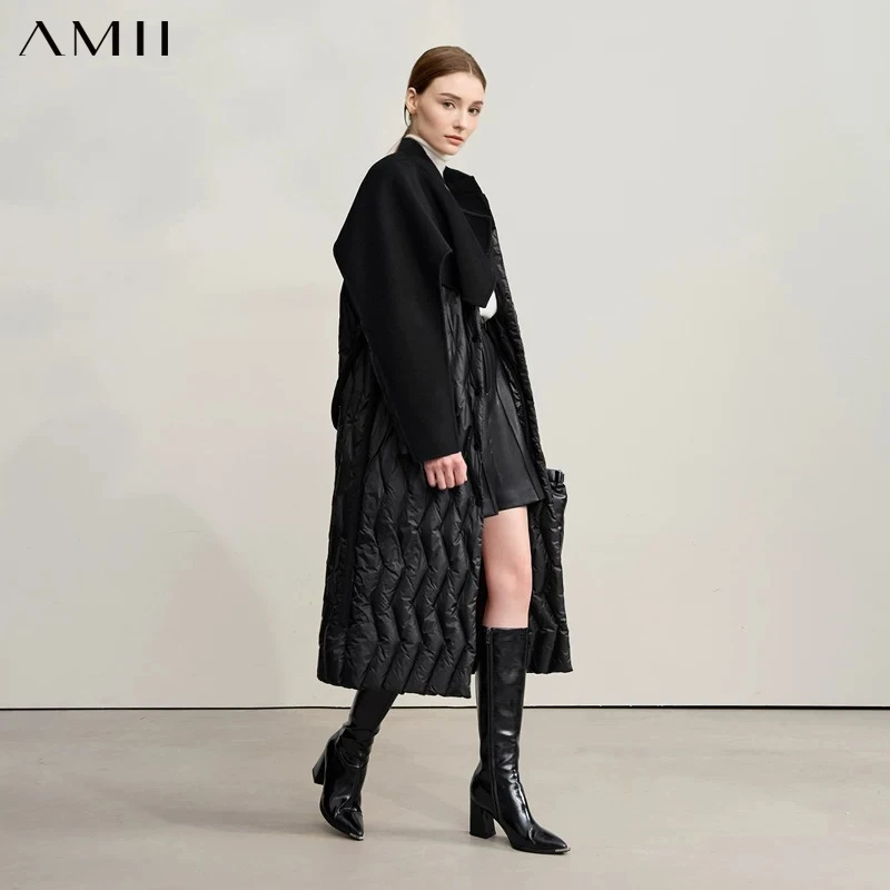 AMII Down Jacket Women 2026 Winter New Loose Long Patchwork Wool Women's Clothing With Belt Warm Winter Coat Female 12524037