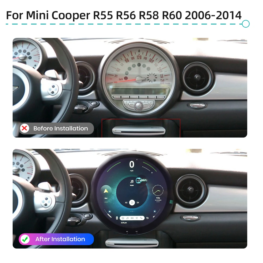 11.7 "CarPlay أندرويد 14.0 الملاحة DSP ستيريو مشغل وسائط متعددة راديو السيارة لسيارات BMW ميني كوبر R55 R56 R57 R58 R60 2006-2014