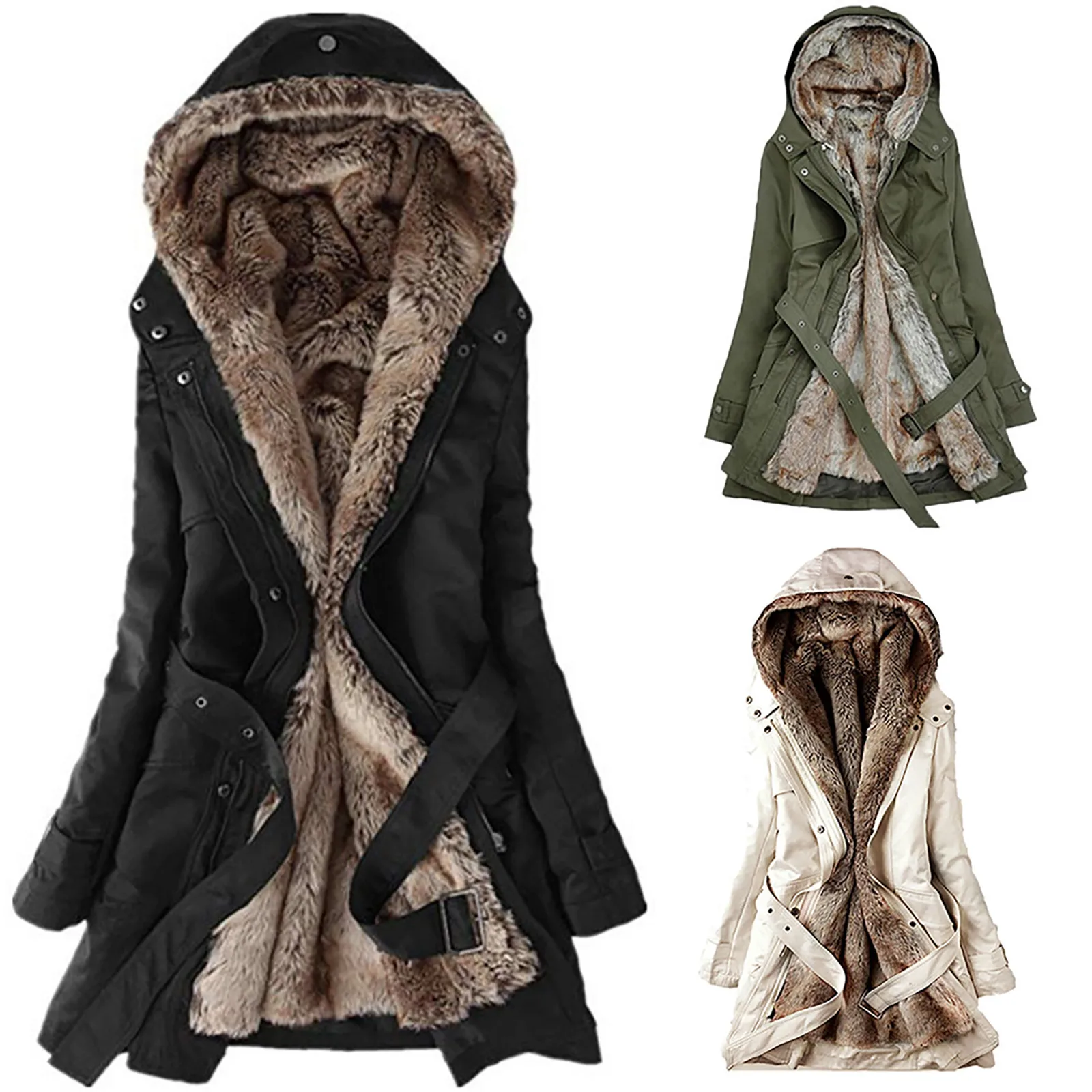 Winter Fleece Liner Warm Thick Quilted Jacket Hooded Plus Size Sashes Long Padded Coat Women Solid Casual Padded Jackets