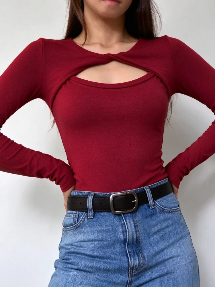 New Fall Women Twist Cutout Long Sleeve Top, Solid Color Slim Fit Round Neck Hollow Out Chest Casual Basic Tee Shirt