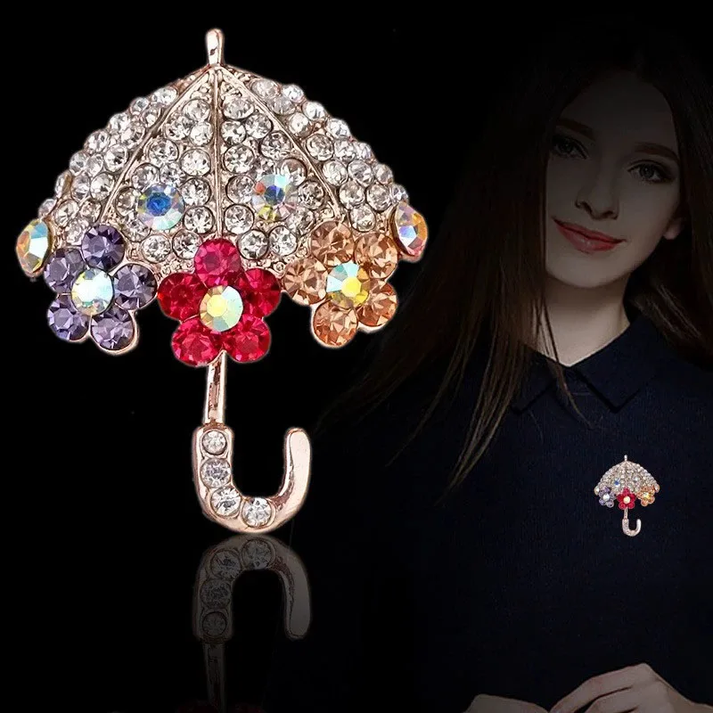 Women Fashion Umbrella Flower Rhinestone Inlaid Brooch Pin Jacket Collar Decor
