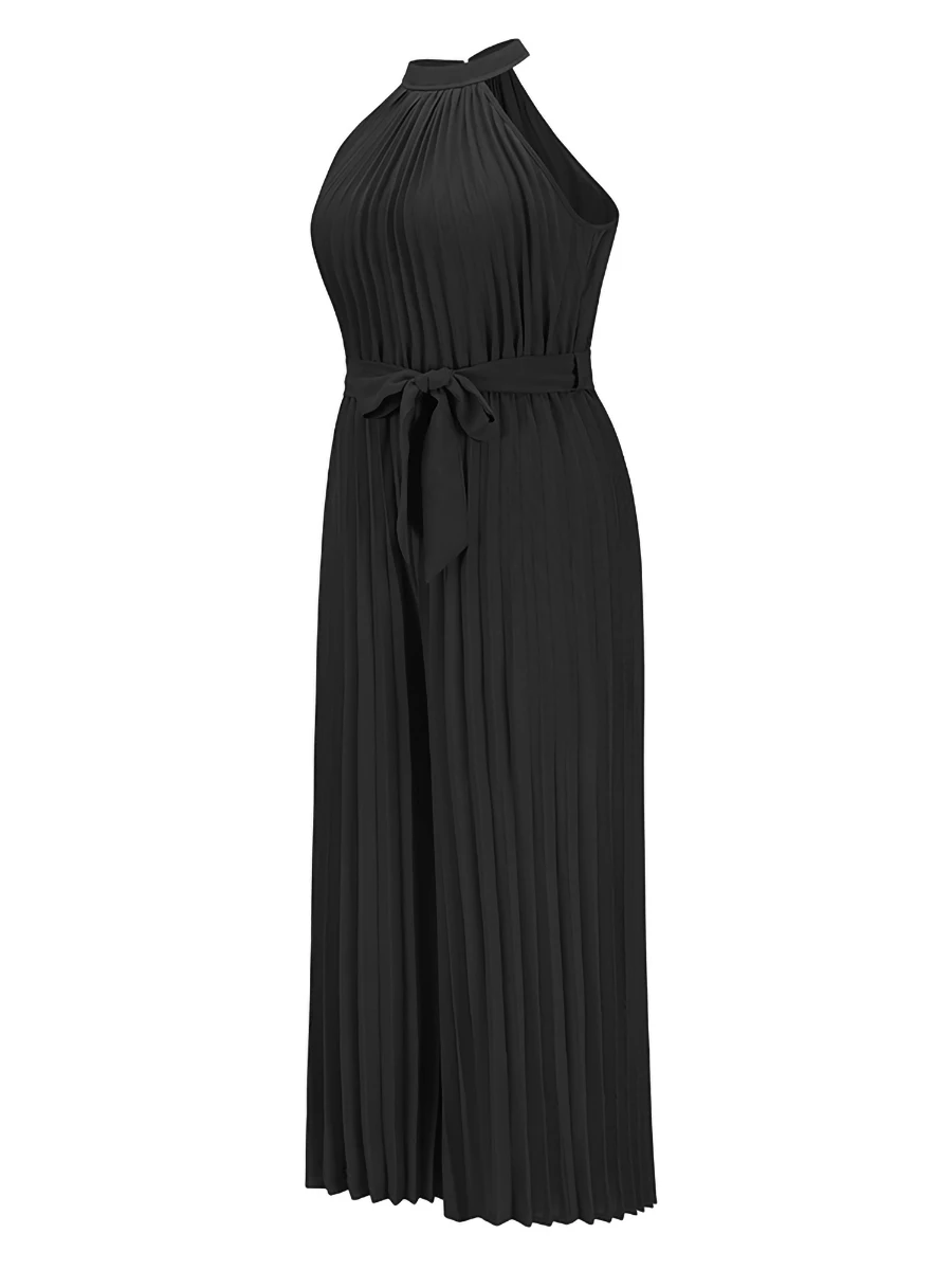 Women acute s  Suit Solid Color Sleeveless Back Keyhole Waist Bandage Pleated Wide-Leg Jumpsuit