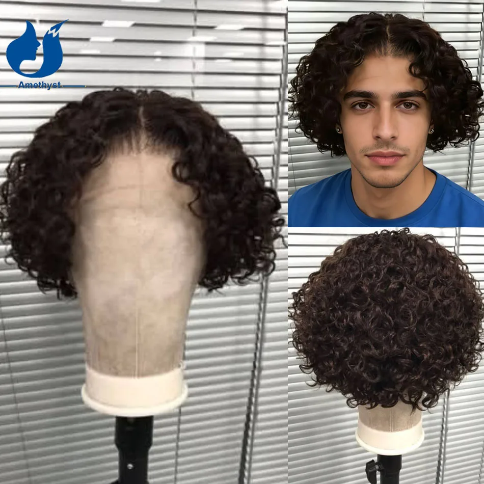

Мужской парик из натуральных волос Amethyst Cute, темно-коричневый, кудрявый, короткий, бразильские волосы Реми, с центральным пробором, 13x6, на кружевной основе, предварительно уложенный