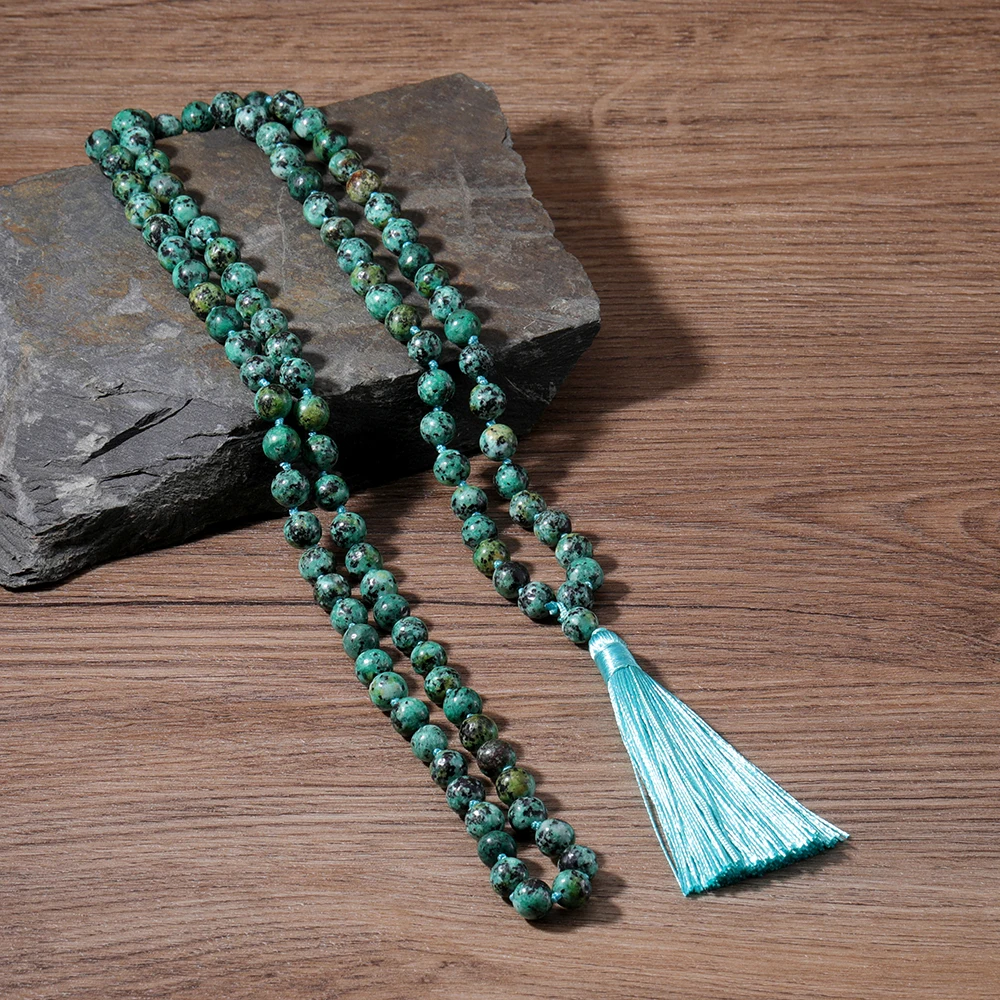 OAIITE Natural Stone Bead African Turquoise Necklace for Men 108 Mala Stretch Fringe Necklace Charm Reiki Jewelry Gift Pulsera