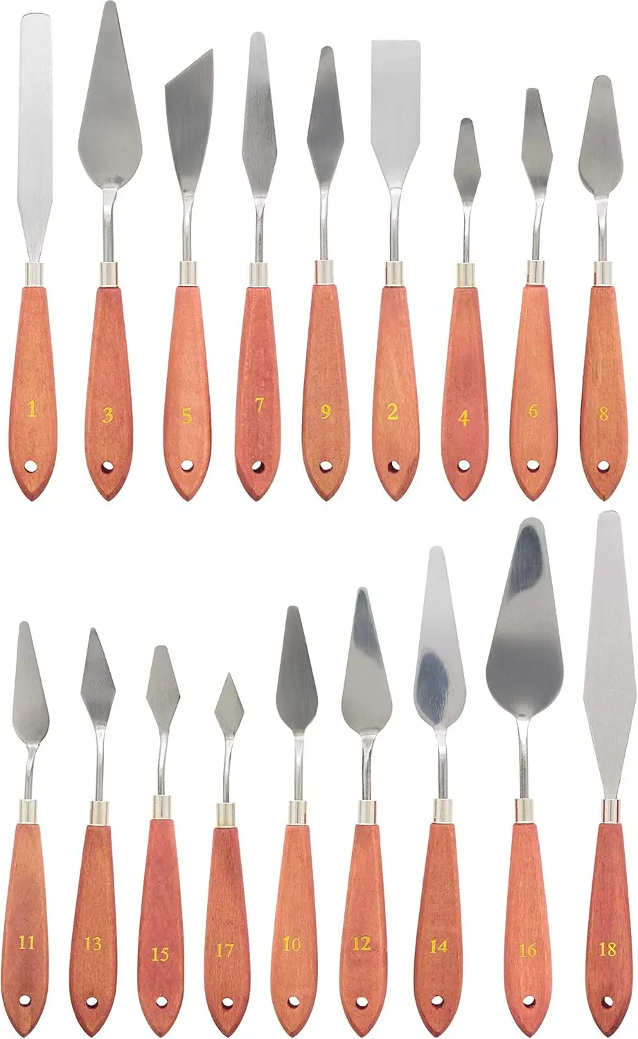 Set of 18 wooden handled flexible spatulas for mixing colors, applying oil paints, pouring paints on canvas and icing cakes.