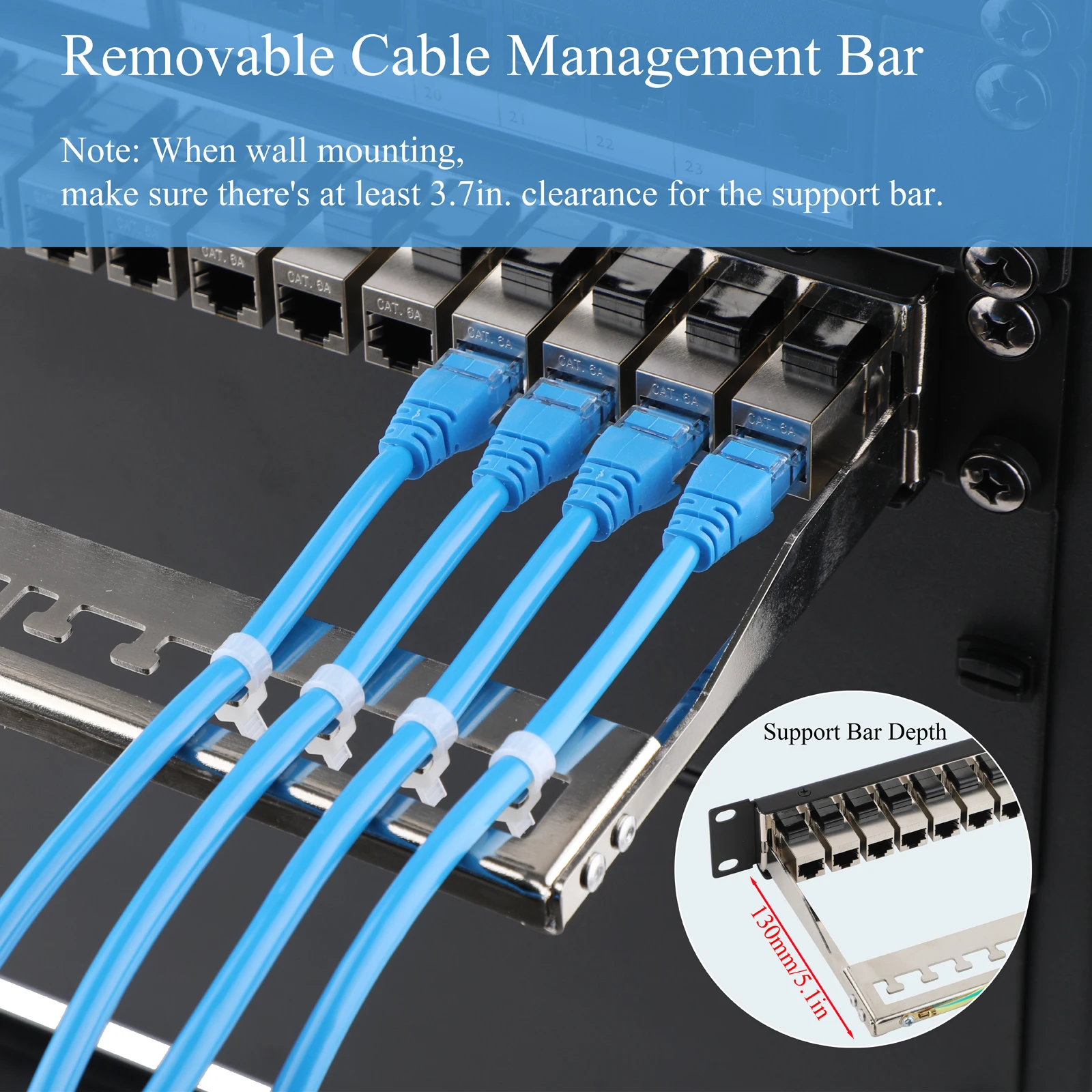 

24-Port 19 Inch RJ45 Cat6/Cat6A Patch Panel with Removable Back Bar and Cable Management Bar, RJ45 Coupler Network Patch Panel
