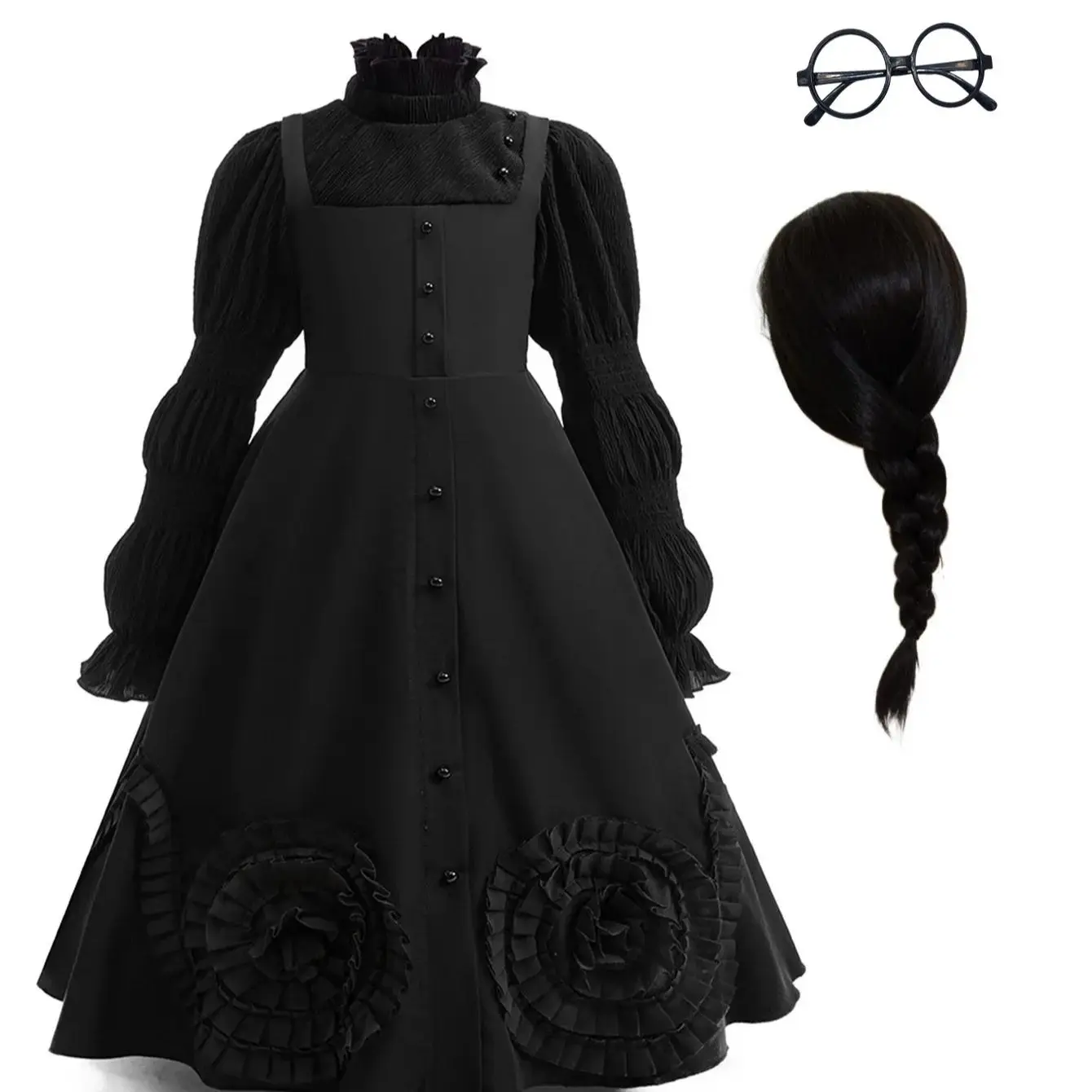 

Kids Halloween Dress Girls Evil Witch Costume with Wigs Black Wizard Girl Anime Cartoon Witch Cosplay Teen Girls Party Dress