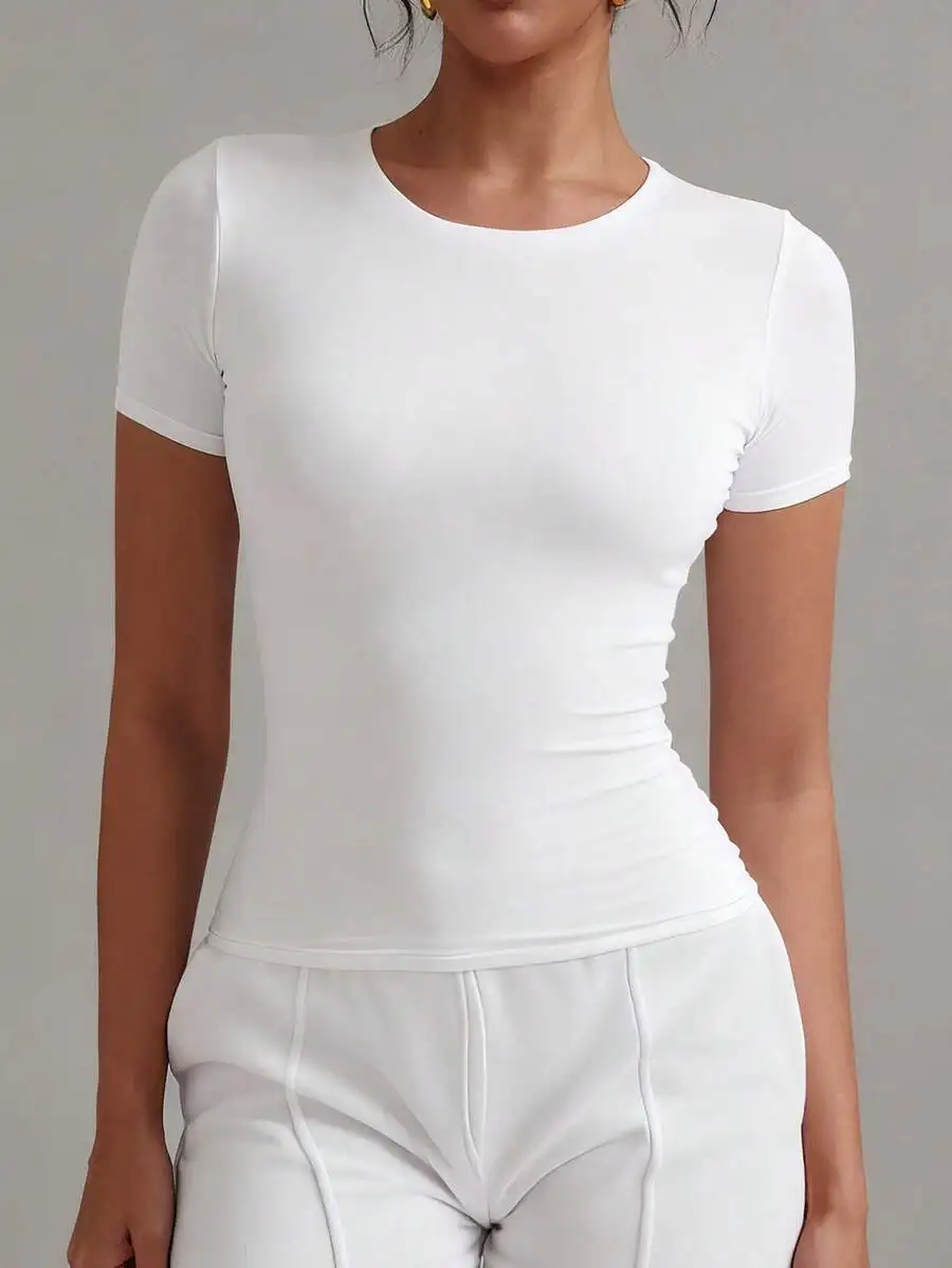 Camiseta Blanca de Manga Corta para Mujer, Corte Ajustado, para Verano, Uso Casual o Deportivo