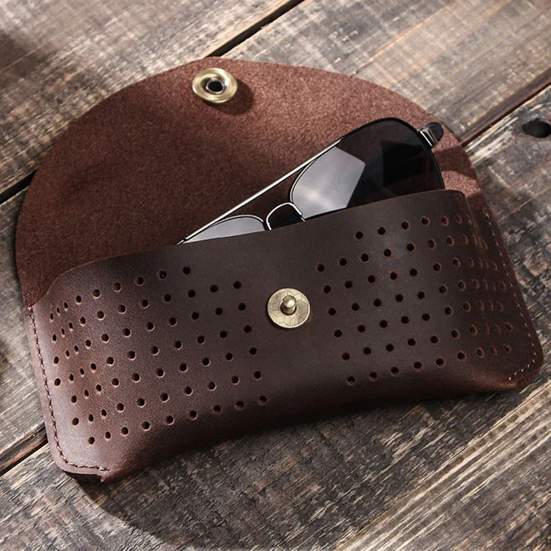Perforated Design Sunglasses Case Vintage Brown Genuine Cowhide Leather Eyewear Bag Snap Button Closure Eyeglasses Storage Box