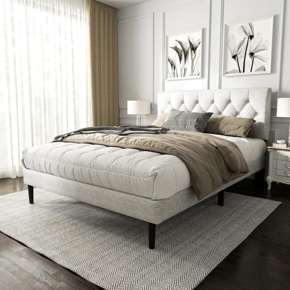 Platform Bed Frame with Upholstered Button Tufted Headboard, Mattress Foundation with Wooden Slat Support, Noise Free