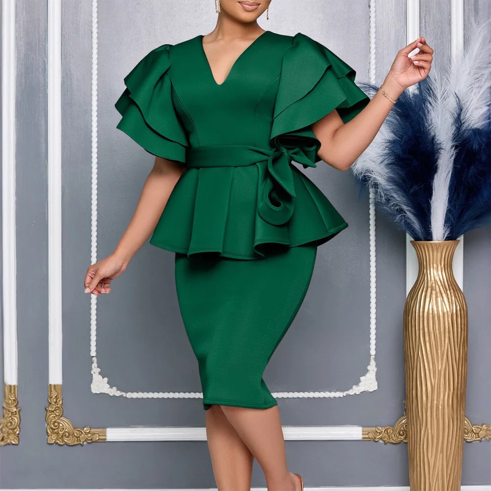 

Elegant Bodycon Dresses for Women V Neck Ruffles Sleeve Sashes Sheath Package Hips Mid Calf Formal Business Work Wear Dress Robe