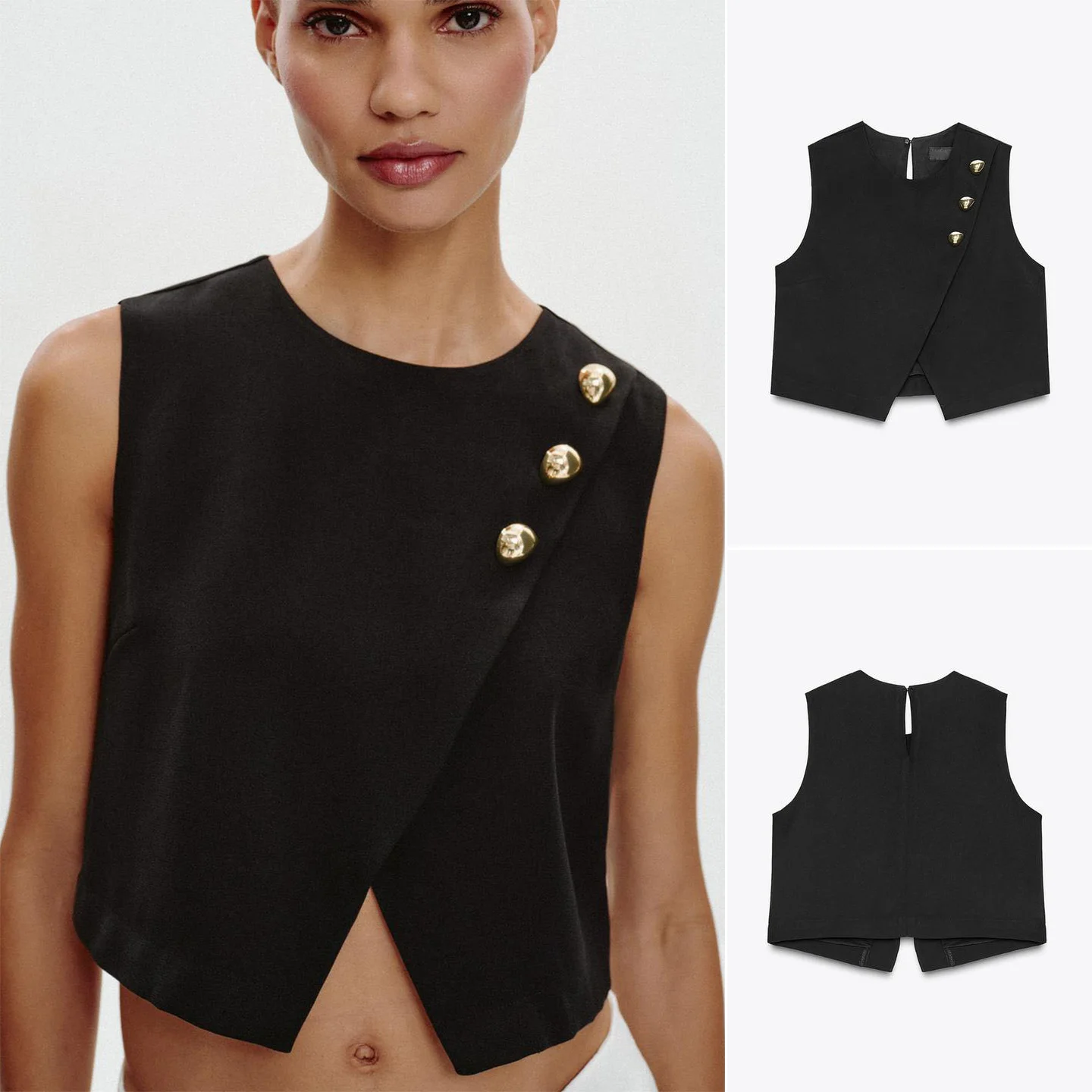 

Autumn New Design round Ne Svel Gold Fake Button Double Breasted Top Women's Polyester Fiber ort Length Vest