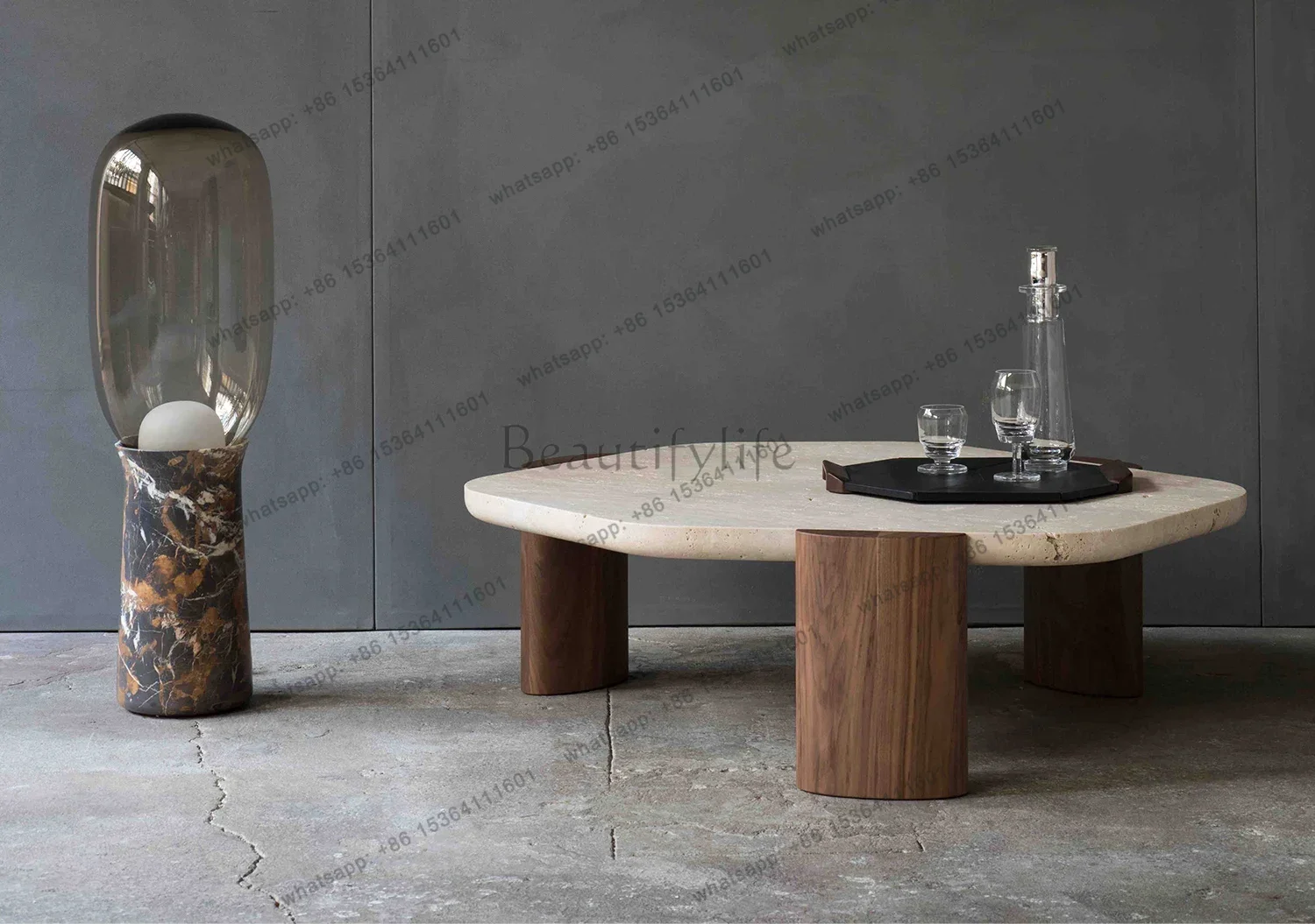 

Natural travertine coffee table, retro Roman cave marble solid wood coffee tea table