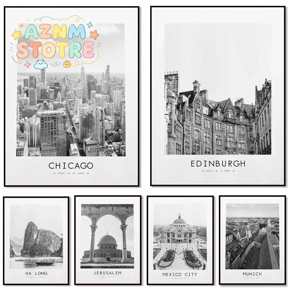 (2D Canvas Painting)  Krakow,Frankfurt,Edinburgh,Chicago,Buenos,Auckland,Vancouver,Mexico City Poster Print - Black and White