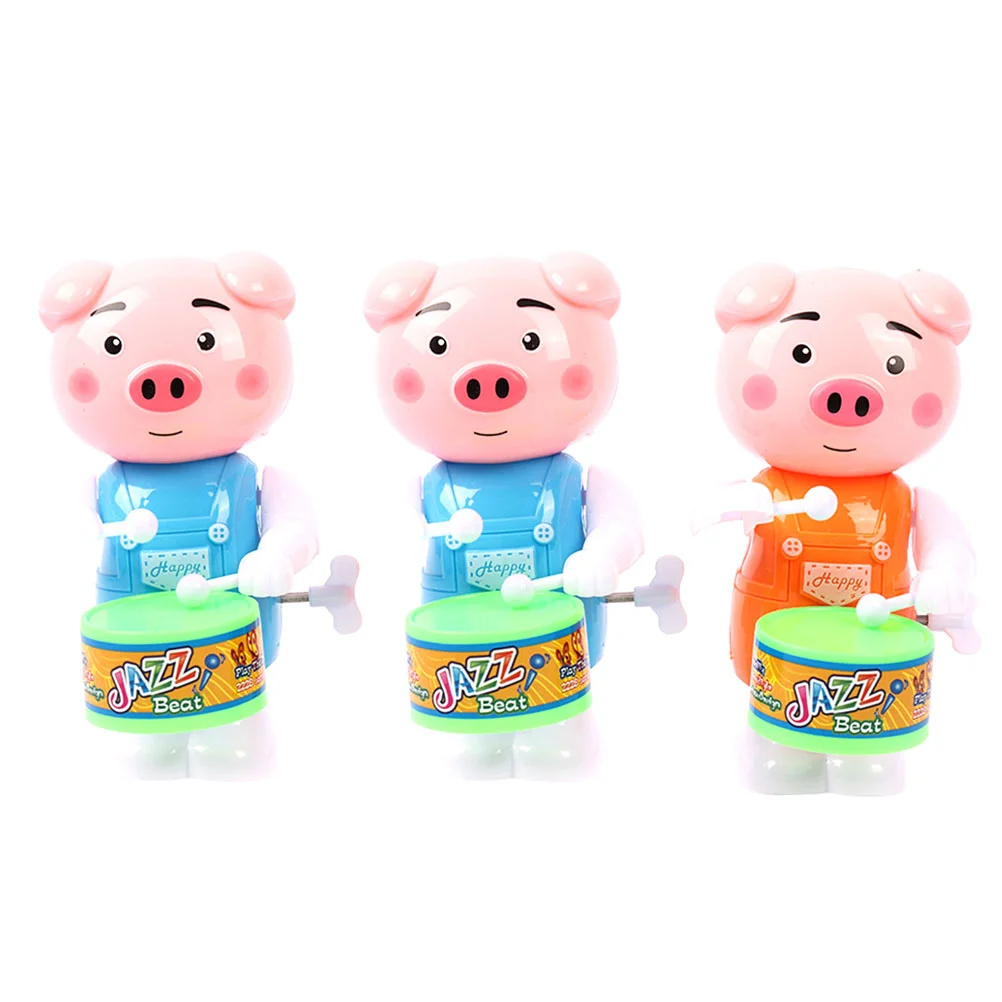 3 Pcs Wind-up Toy Pig Drum Beating Crafts Clockwork Decor Toys Household Desktop Abs Plastic Ornaments Child