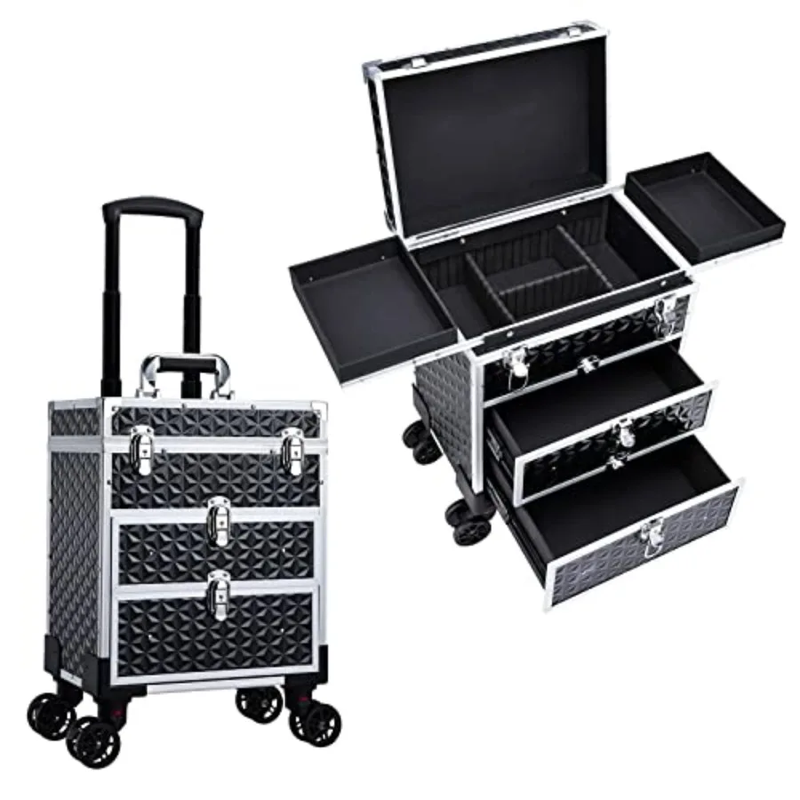 

Professional Rolling Makeup Case Aluminum Trolley with 360 Swivel Wheels for Makeup Artist Travel Cosmetic Organizer Black with