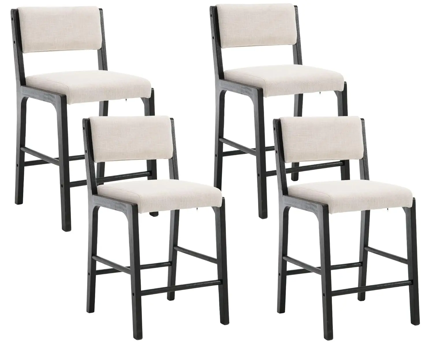 

Counter Height Bar Stool Rectangular Cushion Open Back Black Wood Legs Set 4 Beige Linen, Customized