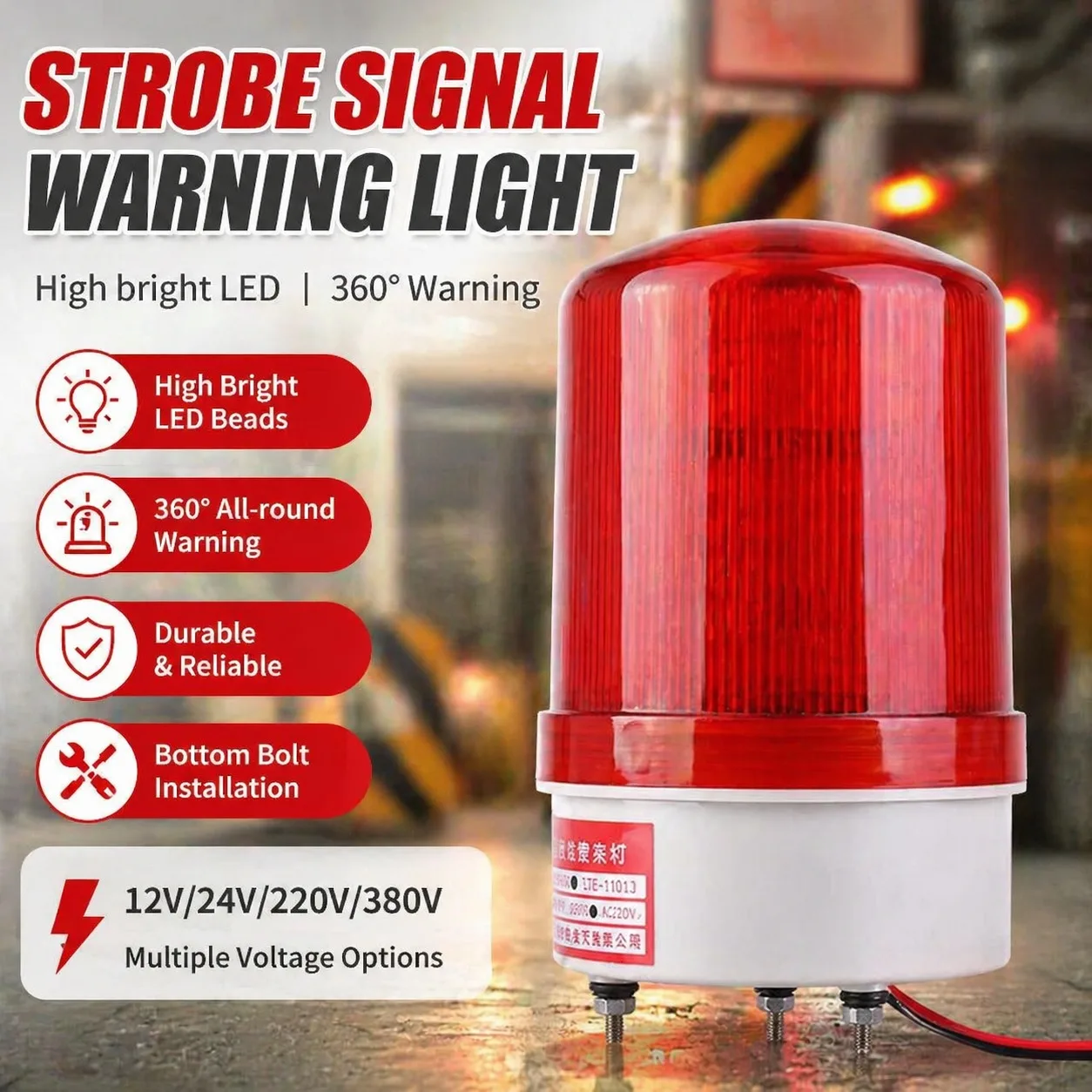 

1101J LED Strobe Warning Light,12/24/220/380V Sound & Light Alarm Beacon with Bolt Mount for Construction & Forklift