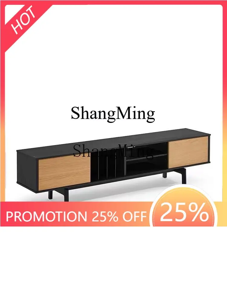 

FG Wabi-Sabi Style Solid Wood Retro Color-Block Walnut Solid Wood TV Cabinet Black Oak Audiovisual Floor Cabinet