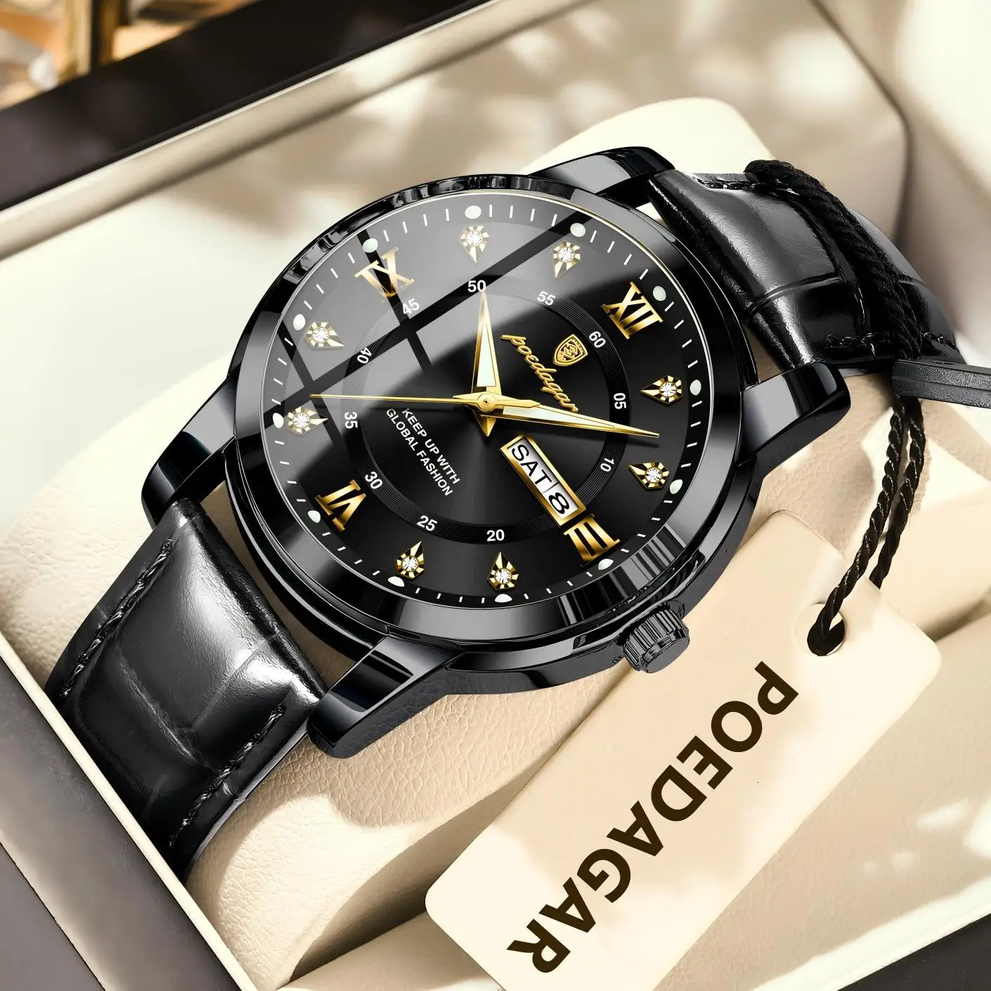 POEDAGAR أفضل ساعة رجالية فاخرة تاريخ الأسبوع مقاوم للماء مضيئة جلدية الرجال ساعة اليد عادية الذكور ساعة رياضية ساعات كوارتز رجالية