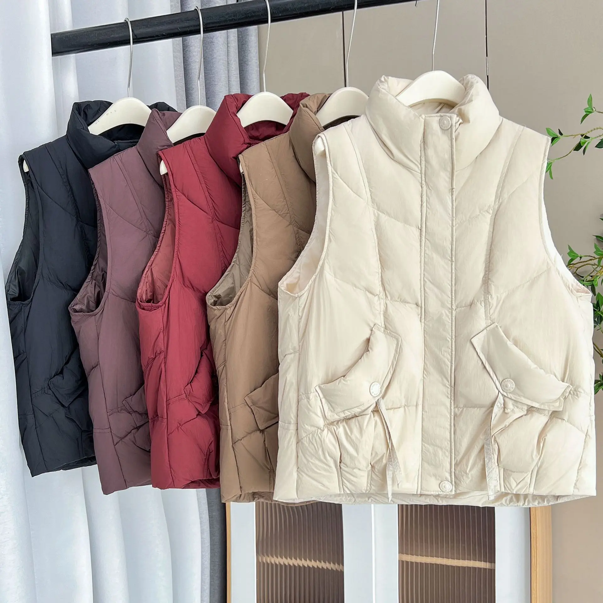 XXL Women Down Vest Winter New Loose Oblique Pocket Standing Collar 50% White Duck Down Warm Sleeveless Coat 1317