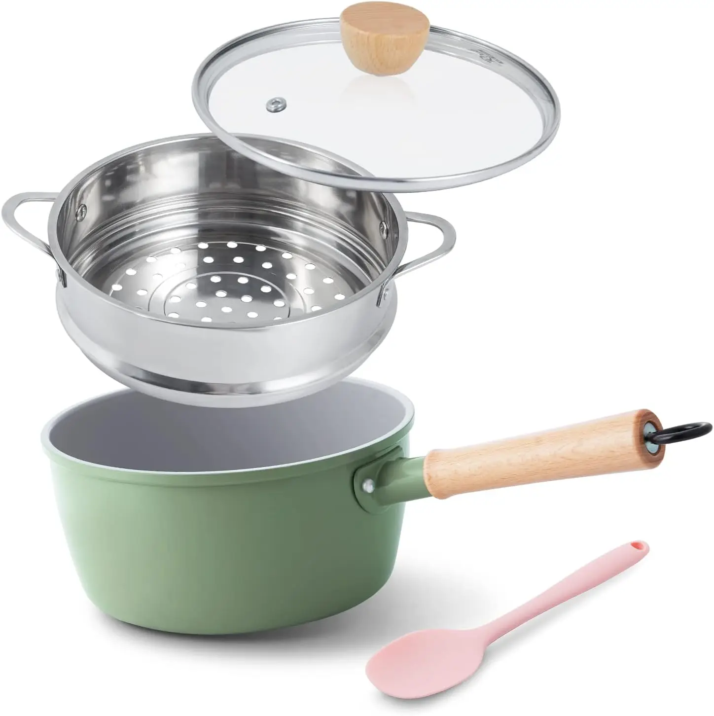 

Green Ceramic Nonstick Sauce Pan, 2 Qt, PTFE & PFAS-Free, Wooden Handle, Universal Base (Gas, Electric, Induction)