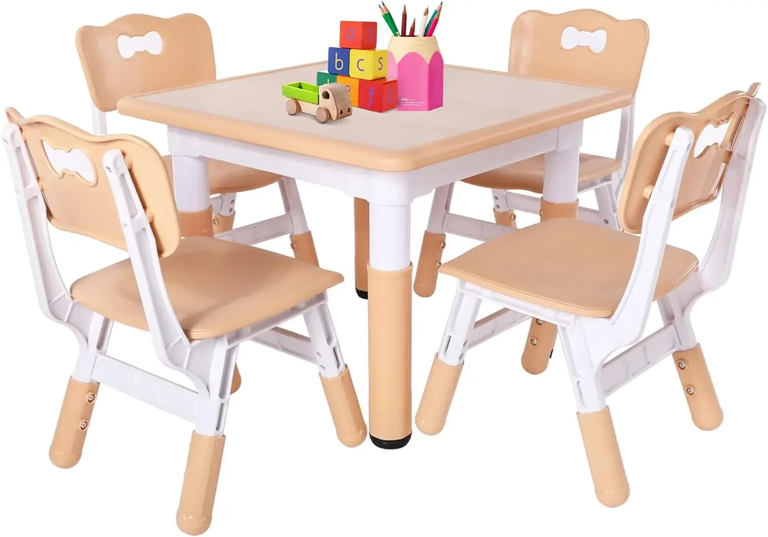 Kids Table and 4 Chairs Set, Height Adjustable Toddler Table and Chair Set for Ages 3-8, Easy to Wipe Arts & Crafts Table, for C