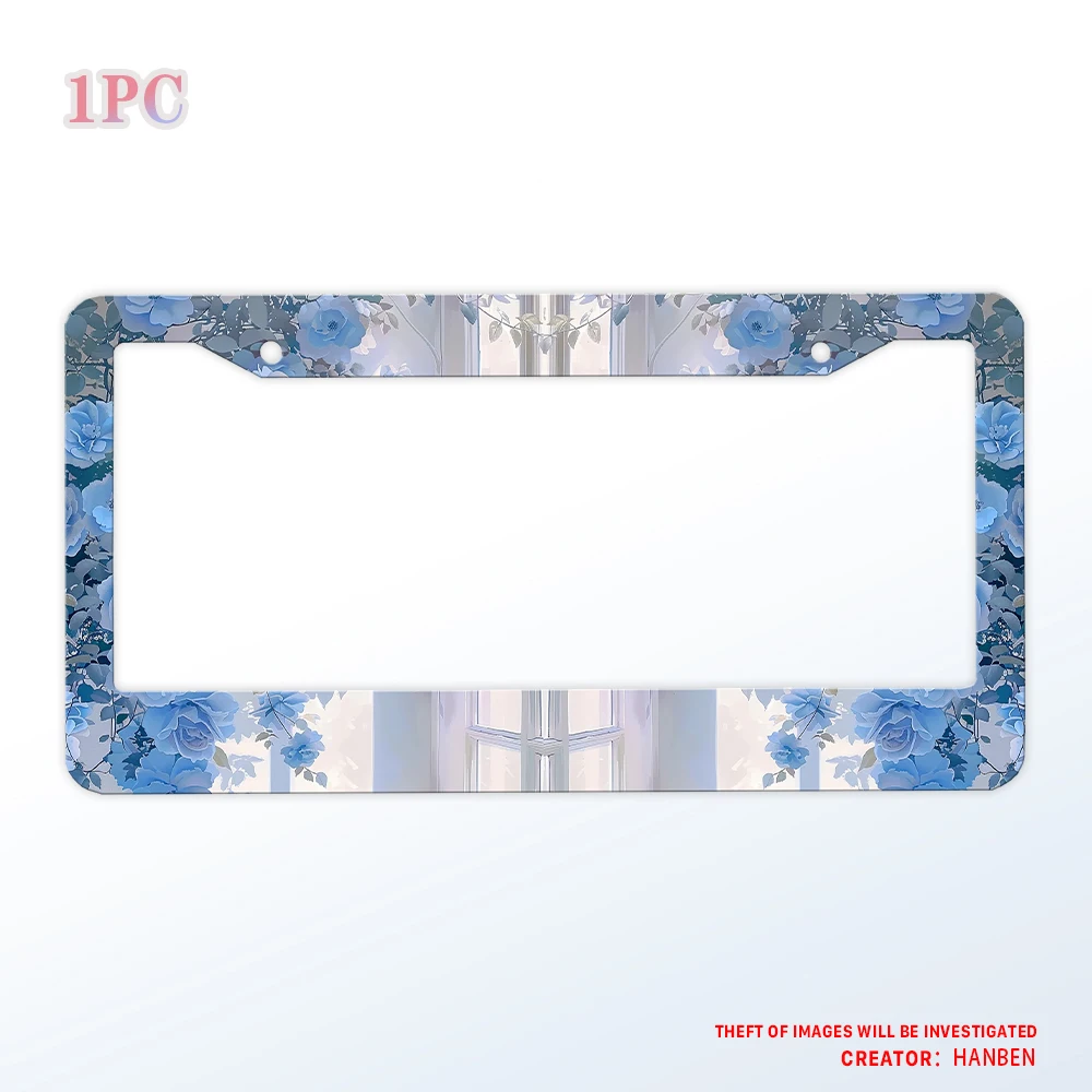 

Blue floral themed license plate frame, durable aluminum license plate frame with accessories, suitable for American vehicles