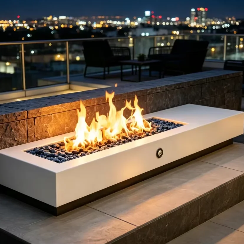 White Rectangular Outdoor Propane Fire Pit Table, Contemporary Gas Fire Bowl For Garden, Patio And Rooftop Terrace Use