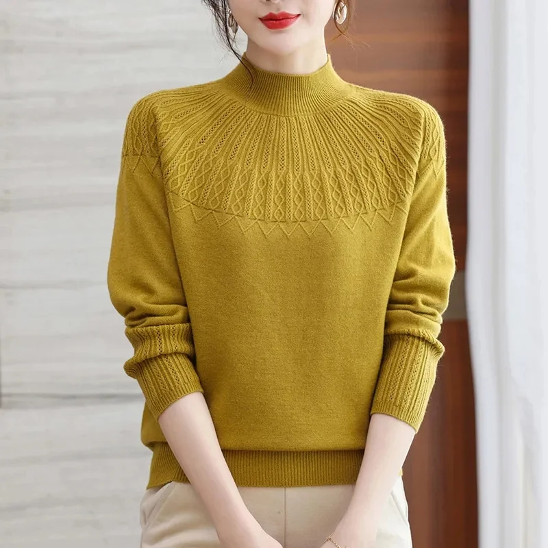 2024 Women Solid Half High Collar Cashmere Sweater Autumn Winter Loose Knitted Wool Casual Sweater Bottoming Shirt