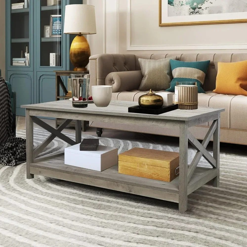 

Coffee Table, Modern Farmhouse Wood Coffee Table with 2-Tier Storage, 40 Inch,