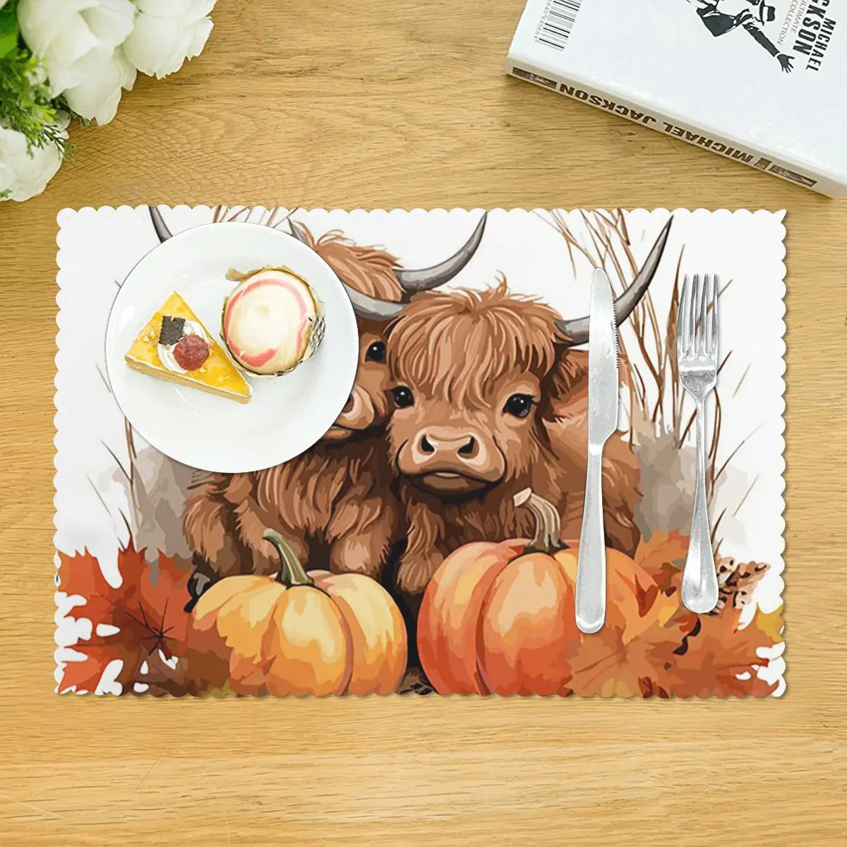 Highland Cow Calf Autumn Leaves Placemat Washable Plate Mat for Dining Table Bowl Coaster Home Decor Absorbent Mats