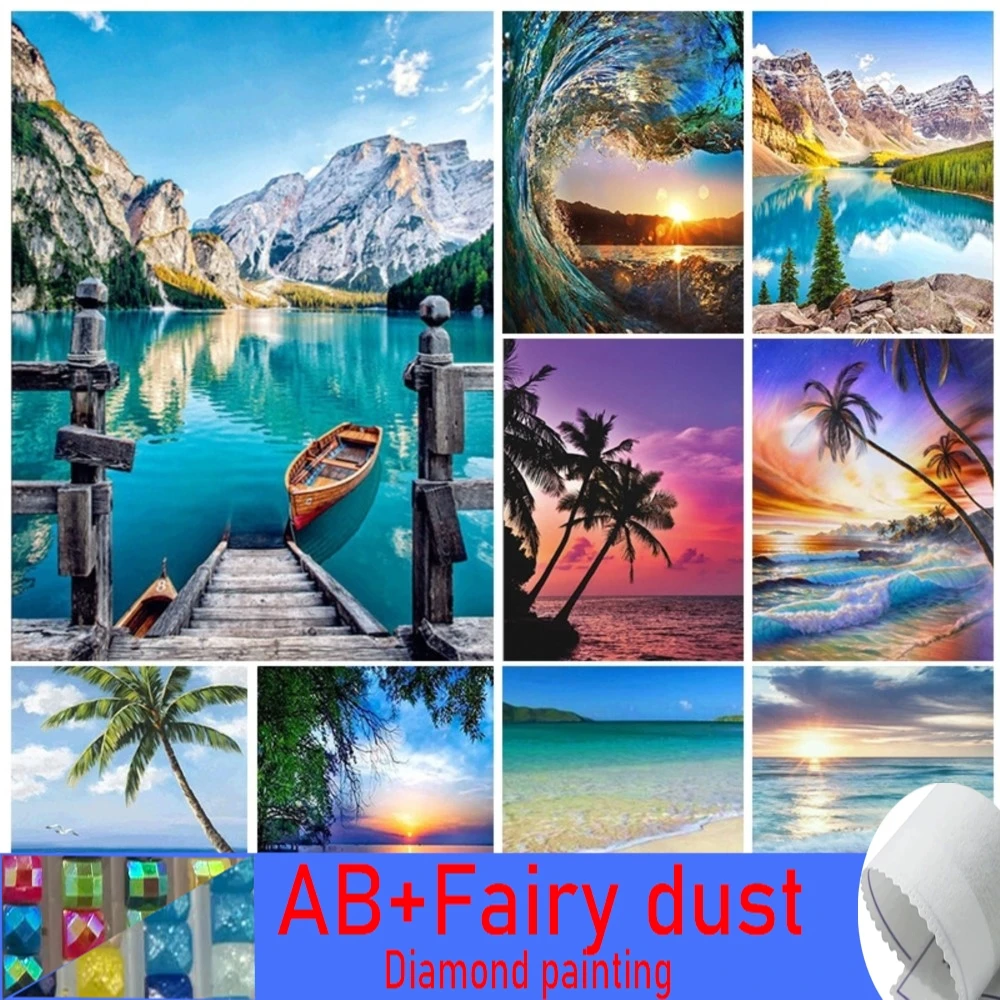 Landscape 5D 120 Colors AB Fairy Dust Diamond Painting Snow Mountain Lake Coast Full  Mosaic Kits Embroidery Home Decor DIY