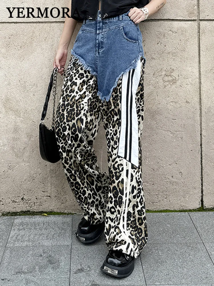 

YERMORA Women High Elastic Leopard Irregular Spliced Denim Wide Leg Pants Loose Fit Fashion Tide Spring Autumn 2025 New A631
